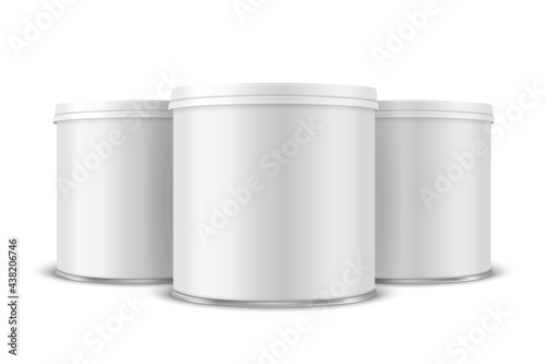 Three Vector 3d Realistic Blank White, Black Metal Tin Can with Lid, Canned Food, Potato Chips Packaging Set Isolated On White Background. Small Size. Design Template, Mockup. Front View