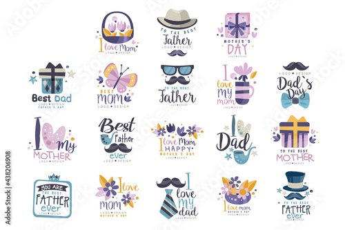 Happy Mothers and Fathers Day Logo Design Set, I Love Dad, Mom Labels, Badges Vector Illustration