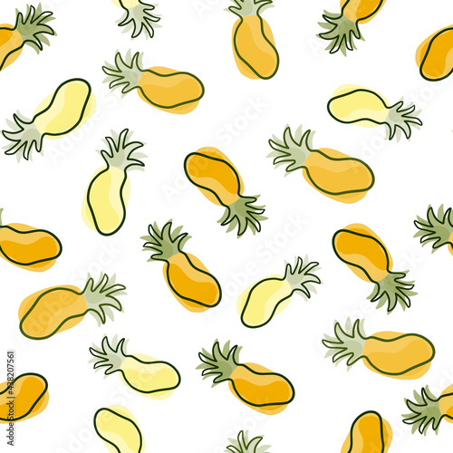 Food exotic seamless pattern with random yellow contoured pineapples ornament.