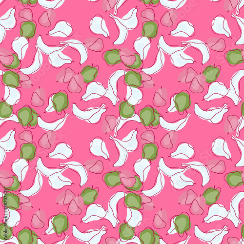 Green and white random contoured abstract fruits seamless pattern. Pink background. Banana, apple, pear and plum print.