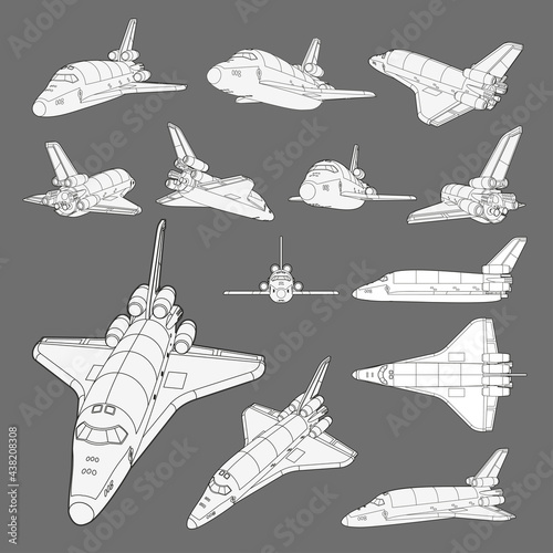 Vector set with spaceship, space shuttle. Collection with 3d views old spaceship, plane. Coloring page with 3d models. Isolated