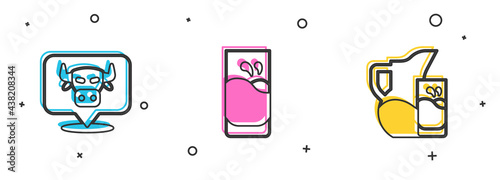 Set Cow head, Glass with milk and Milk jug or pitcher and glass icon. Vector