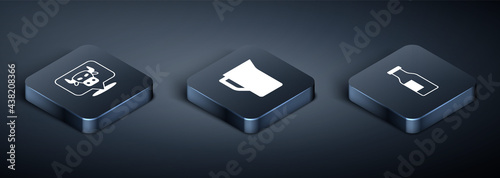 Set Isometric Cow head, Bottle with milk and Milk jug or pitcher icon. Vector