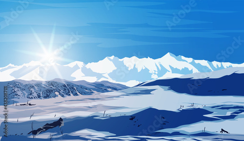 Beautiful winter landscape with bright sun rays, white snow field, mountains and a large drifts in the foreground. Landscape background for your arts