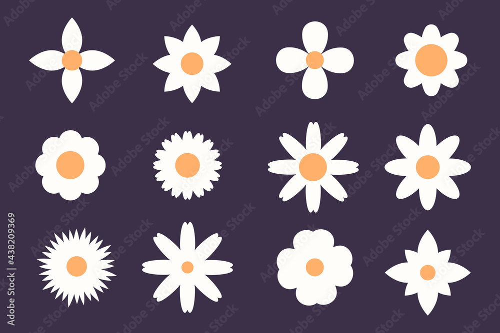 Flower icon set. Collection of minimalist flowers. Vector illustration with wildflowers. For logo design, tattoo, postcard.