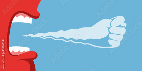 Angry person is screaming loudly, refusing of something with fig sign