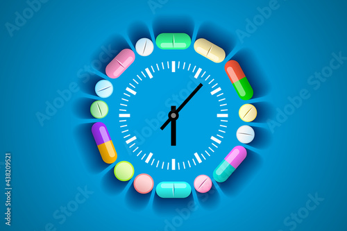 Clock and pills and tablets around it, healthcare and medical concept