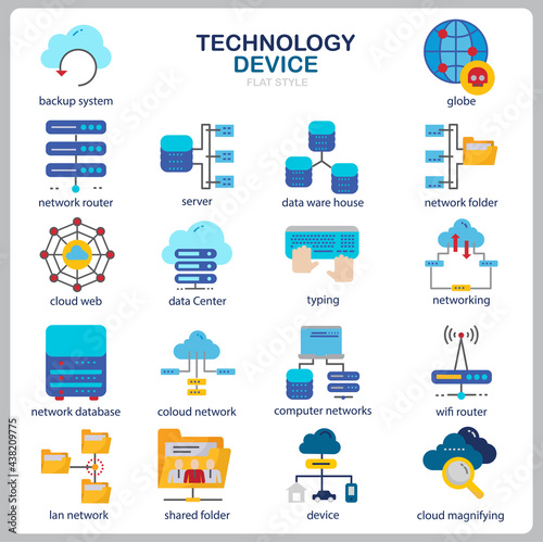Technology icon set for website, document, poster design, printing, application. Technology Device concept icon flat style.