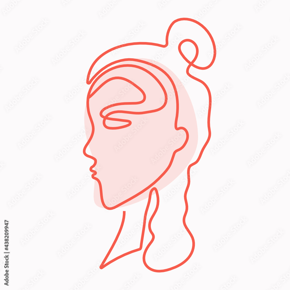 Woman, girl drawing by one line. Silhouette, profile, face of a woman. Line art style, red outline with pink spot. Vector illustration. Isolated background. Woman, girl drawing by one line. Silhouette, profile, face of a woman. Line art style, red outline with pink spot. Vector illustration. Isolated background.