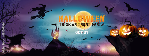 Dark Halloween background with Halloween pumpkin night on a rocky cliff with moon and dark forest. night,grunge decoration with witch fly, werewolf and flying bats.