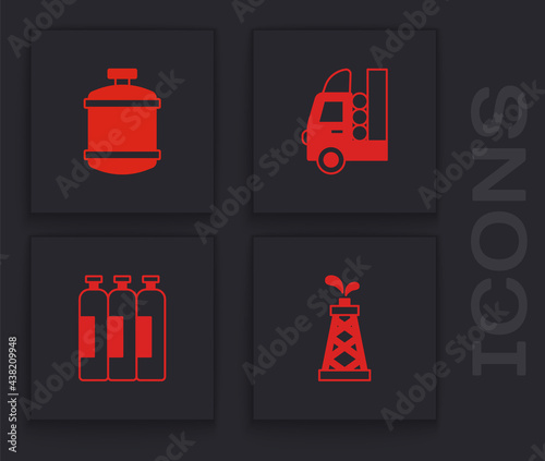 Set Oil rig, Propane gas tank, Gas for vehicle and Industrial cylinder icon. Vector
