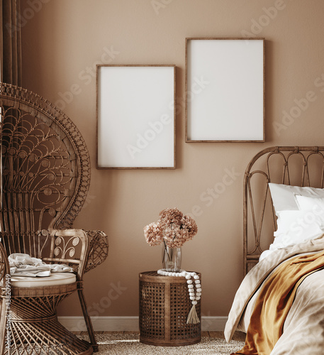 Arab Reiziger gastheer Plaid Interieur met etnische boho decoratie, slaapkamer in bruine warme  kleur, 3d render - Nikkel-Art.be