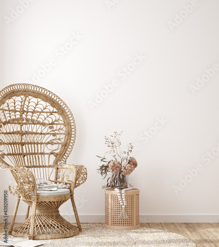 Wall mock up in white simple interior with wooden armchair, farmhouse style, 3d render