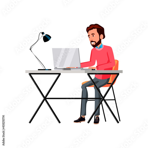 man entrepreneur working on laptop at table cartoon vector. man entrepreneur working on laptop at table character. isolated flat cartoon illustration photo
