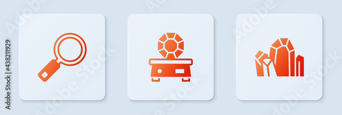 Set Gem stone, Magnifying glass and . White square button. Vector