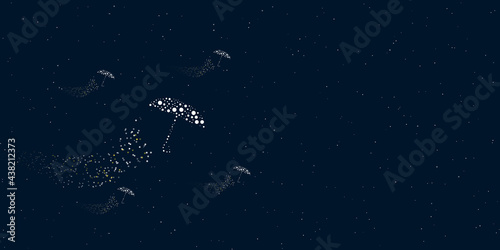 A umbrella symbol filled with dots flies through the stars leaving a trail behind. Four small symbols around. Empty space for text on the right. Vector illustration on dark blue background with stars