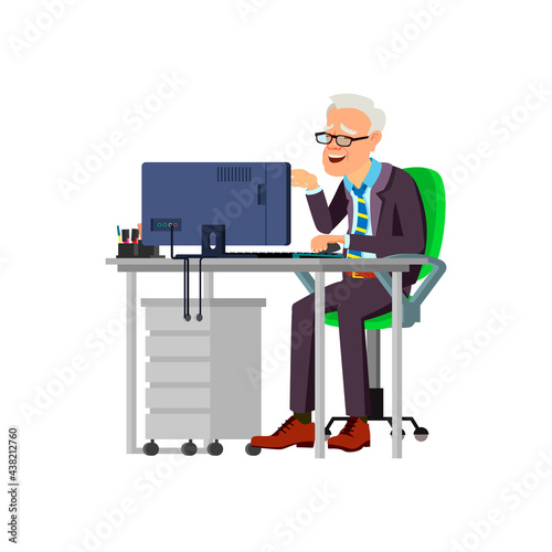 mature man reading and smiling from joke on computer cartoon vector. mature man reading and smiling from joke on computer character. isolated flat cartoon illustration