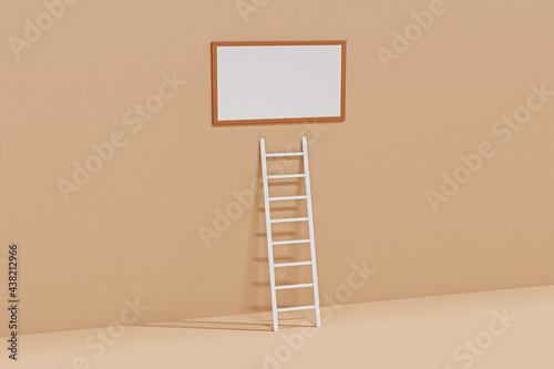 White staircase on light blue wall background with reflection and shadow  picture frame 3D rendering.