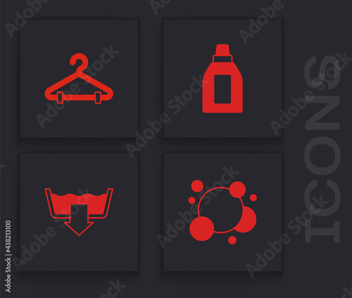 Set Soap water bubbles, Hanger wardrobe, Bottle for cleaning agent and Washing modes icon. Vector