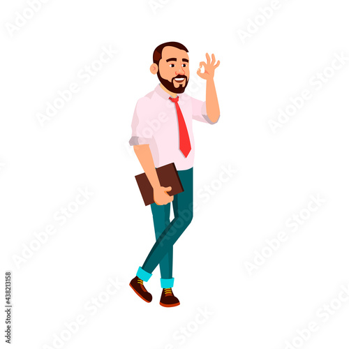 bearded man ceo with folder gesturing ok to manager in office cartoon vector. bearded man ceo with folder gesturing ok to manager in office character. isolated flat cartoon illustration