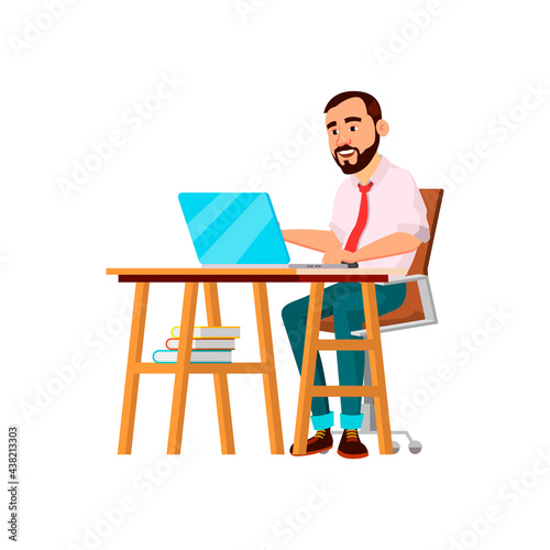 concentrated adult man searching mistakes in report on computer cartoon vector. concentrated adult man searching mistakes in report on computer character. isolated flat cartoon illustration