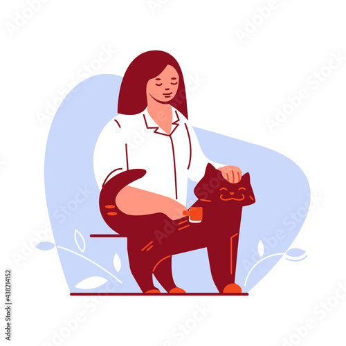 A young woman is combing a cat. Taking care of grooming for pets. Vector illustration in flat cartoon style.