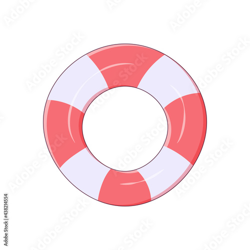 Lifebuoy in red and white, isolated on a white background. Inflatable swimming circle icon in cartoon style with stroke, vector illustration.