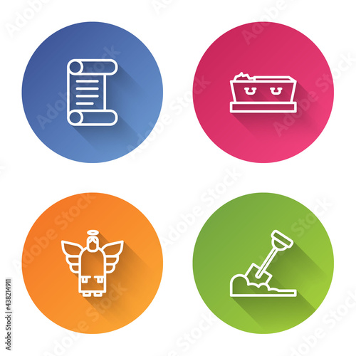 Set line Decree, parchment, scroll, Coffin with dead, Christmas angel and Shovel the ground. Color circle button. Vector
