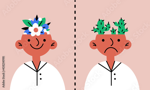 Portraits of people with flowers and cacti like brains. Concept: psychological help, mental health care, depression, psychology, therapy. Stock vector abstract poster. Сomparison: before, after