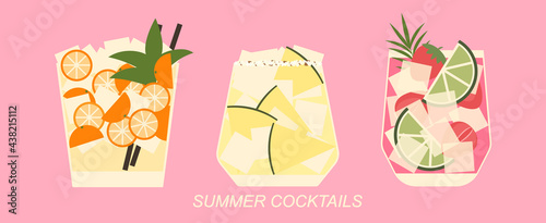 Set of summer cocktails on the pink background. Colorful soft drinks with fruits and ice cubes. Banner for bar or restaurant