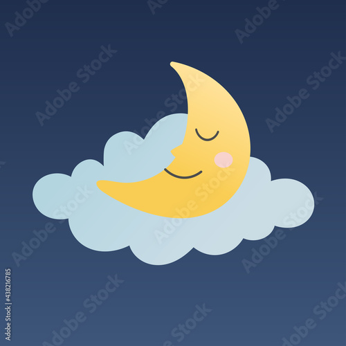 Cartoon hand drawn funny moon sleeping on the cloud. Isolated vector illustration on dark background 
