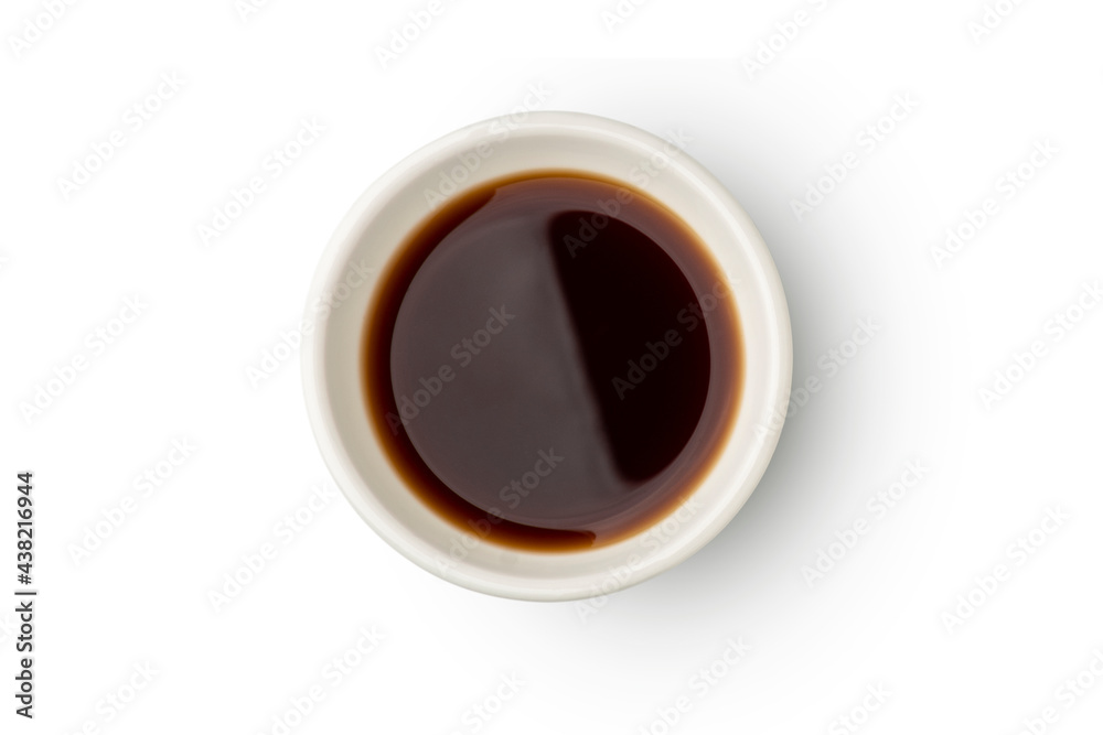 Bowl of Soy sauce isolated on white background with clipping path.Top view Bowl of Soy sauce isolated on white background with clipping path.Top view