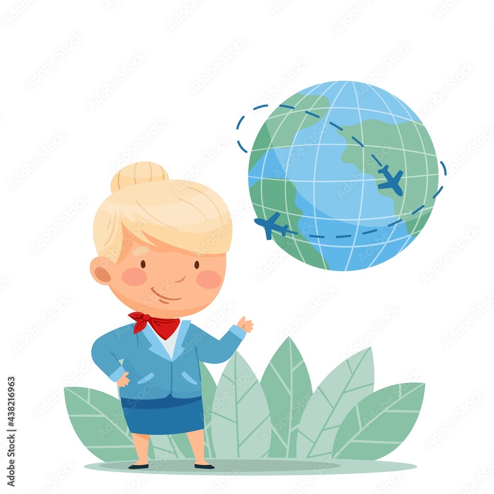 Poster with a flight attendant and flights around the world. White background, blue uniform. Vector illustration Poster with a flight attendant and flights around the world. White background, blue uniform. Vector illustration