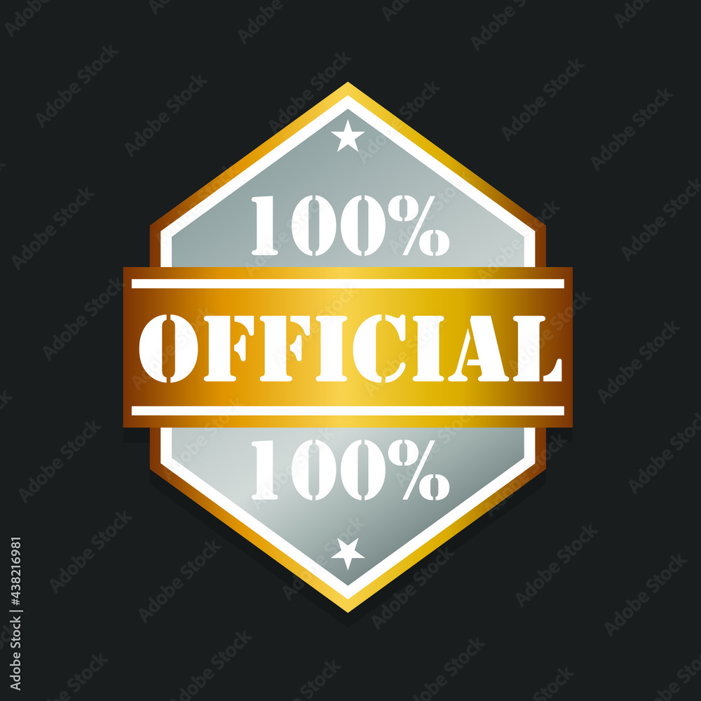 100% Official Badge Icon Seal. Gold Product Illustration Vector Stamp Design. Vintage Retro Style Insignia.