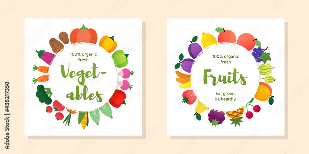 Set of organic food templates. Vector round frames with bright fruits and vegetables. Can be used for flyer, menu, banner or greengrocery store logo.