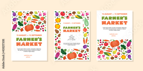 Set of farmer's market templates. Three colorful backgrounds with vegetables and fruits drawn in a flat style. Can be used for poster, flyer, menu, invitation or banner. 