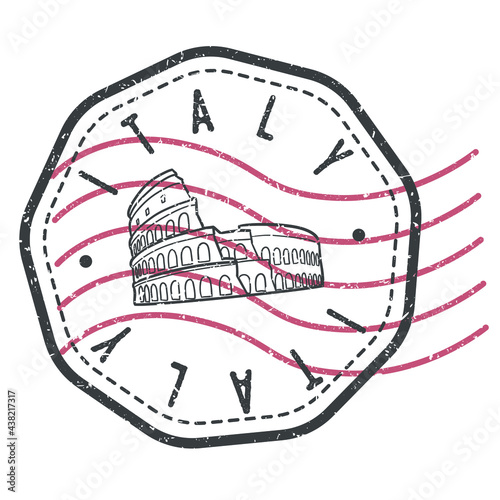 Coliseum, Rome, Italy Stamp Postal. Silhouette Seal. Flag Passport Round Design. Vector Icon. Design Retro Travel. National Symbol.