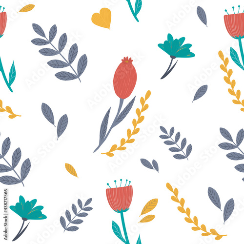 Seamless floral pattern. Fabric design with simple flowers and twig. Cute pattern for baby fabric, wallpaper, wrap paper