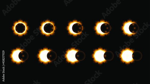 Set Collection Phases Of A Solar And Lunar Eclipse On Dark Background Sun