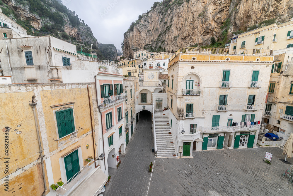 View of the main square of Atrani, the smallest town in Italy on the Amalfi Coast, Campania, Italy