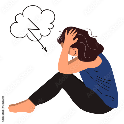 Depressed young unhappy girl sitting and holding her head. Concept of mental disorder. Colorful vector illustration in flat cartoon style.