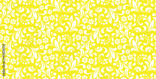 Flower pattern. Seamless white and yellow ornament. Graphic vector background. Ornament for fabric, wallpaper, packaging