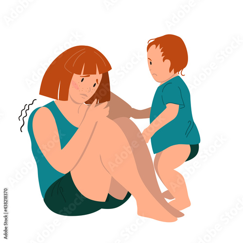 Sad mother sitting on the floor with her crying child. Postpartum depression concept. Colorful vector illustration in flat cartoon style.