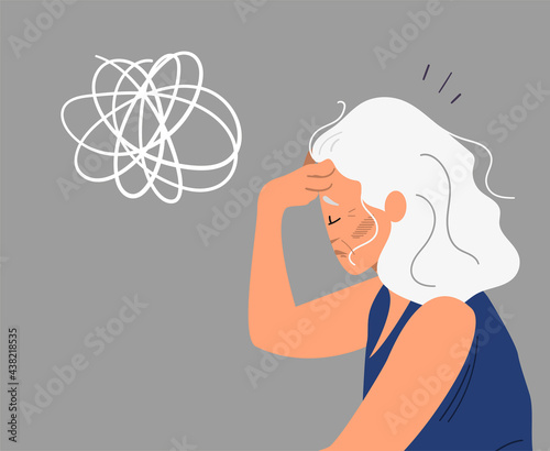 Eldery gray-haired woman with dementia and bewildered thoughts in her mind. Concept of memory loss anf fight with amnesia and mental disorder. Vector illustration.