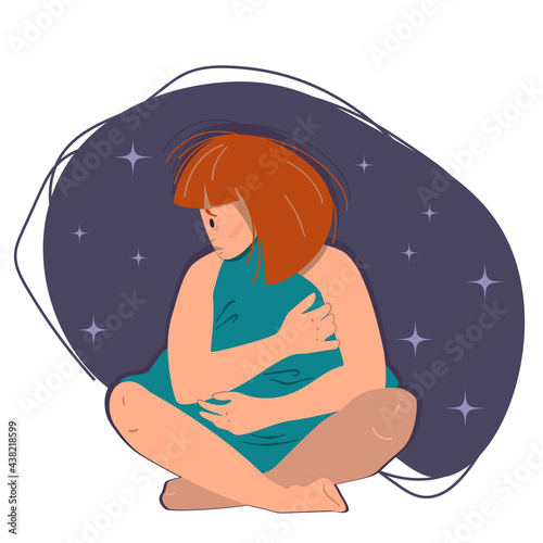 Sleepless girl sitting on the floor and hugging pillow. Woman suffers from insomnia. Flat vector illustration in cartoon style.