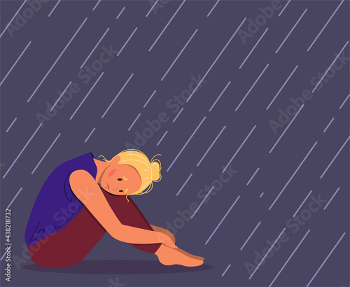 Depressed young unhappy girl sitting and hugging her knees under rain. Concept of mental disorder. Colorful vector illustration in flat cartoon style.