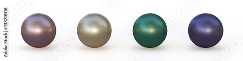 Set of pearls of different colors isolated on white. 3d illustration