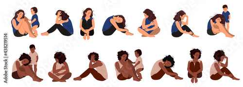 Set of depressed young unhappy sitting girls. Different ethnicities woman. Concept of mental disorder. Colorful vector illustration in flat cartoon style.