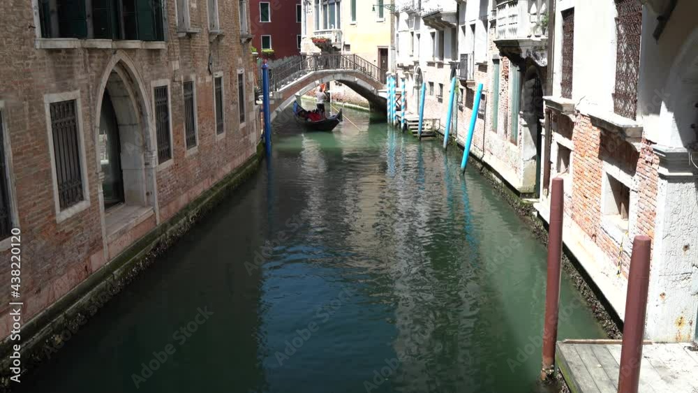 Venice, Italy - gondolas and gondoliers in the Grand Canal near the Rialto Bridge, in the San Marco Basin and between the canals of the lagoon city Venice, Italy - gondolas and gondoliers in the Grand Canal near the Rialto Bridge, in the San Marco Basin and between the canals of the lagoon city
