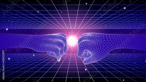 Fist bump concept with cyberpunk human and machine hands in 80s neon and grid style